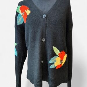 CAbi Black Cardigan with Colorful Floral Design
